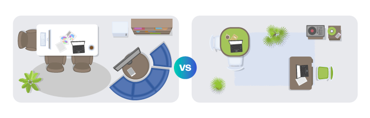 A cramped office versus an office with a lot of room